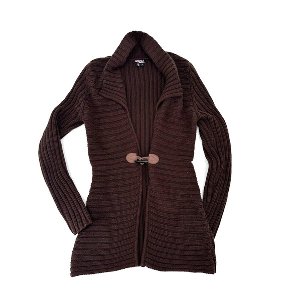 XOXO Y2K Chocolate Brown Long Open Knit Cardigan Toggle Clasp Size Medium Preppy - Picture 2 of 5